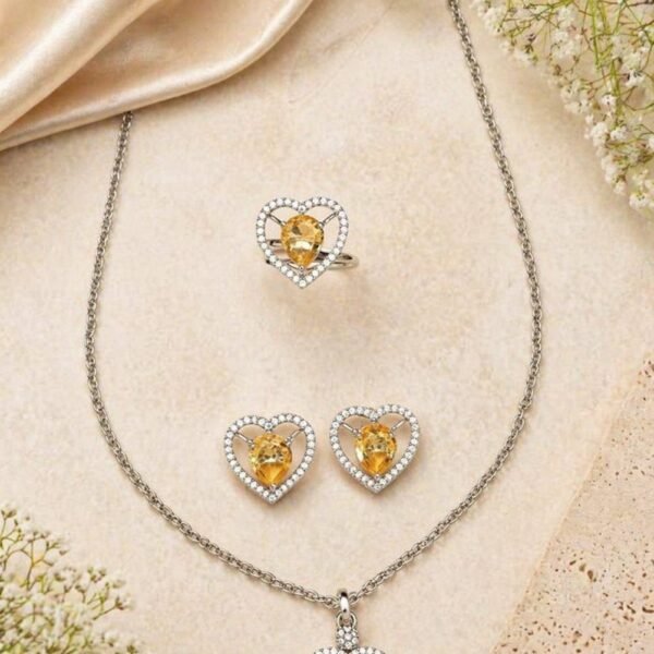 Elegant Heart-Shaped Citrine Yellow Jewelry Set – Necklace, Earrings & Ring