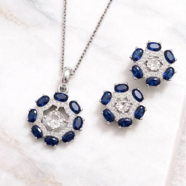 Royal Blue Sapphire-Style Floral Pendant & Earrings Set – Silver Toned