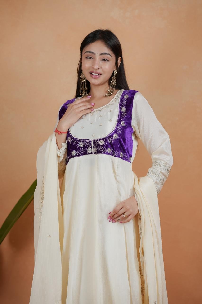 Exquisite Royal White & Purple Chinon Embroidery Suit Set - Image 2