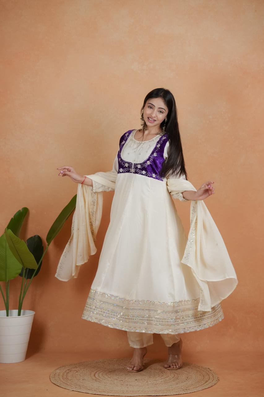 Exquisite Royal White & Purple Chinon Embroidery Suit Set - Image 3