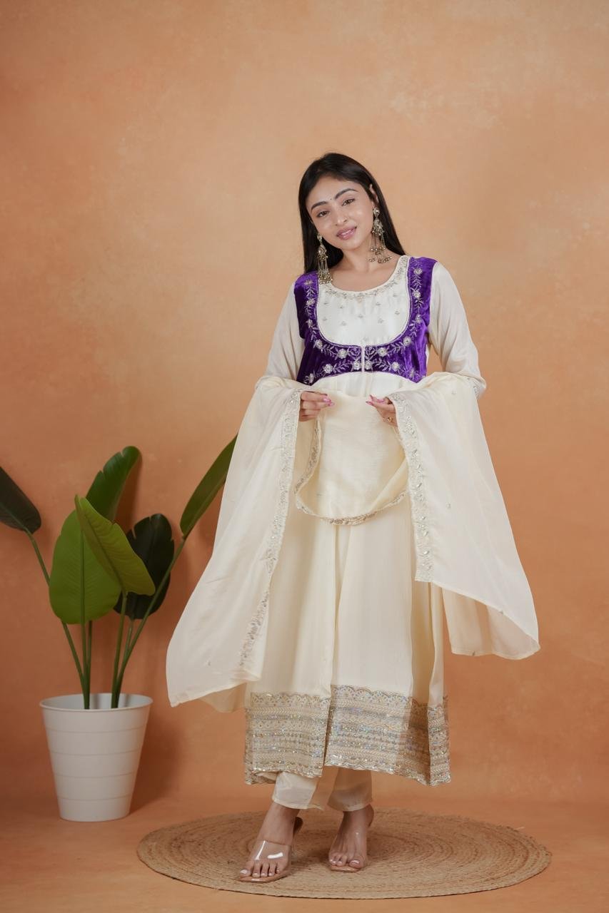 Exquisite Royal White & Purple Chinon Embroidery Suit Set - Image 4