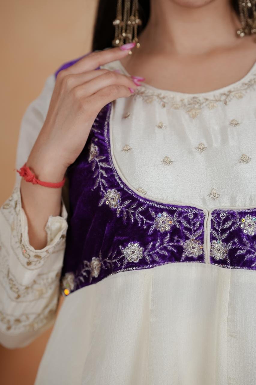 Exquisite Royal White & Purple Chinon Embroidery Suit Set - Image 5