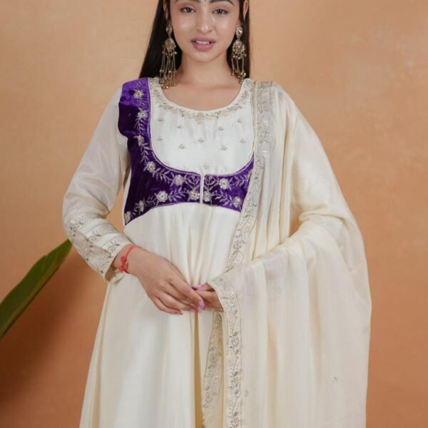 Exquisite Royal White & Purple Chinon Embroidery Suit Set