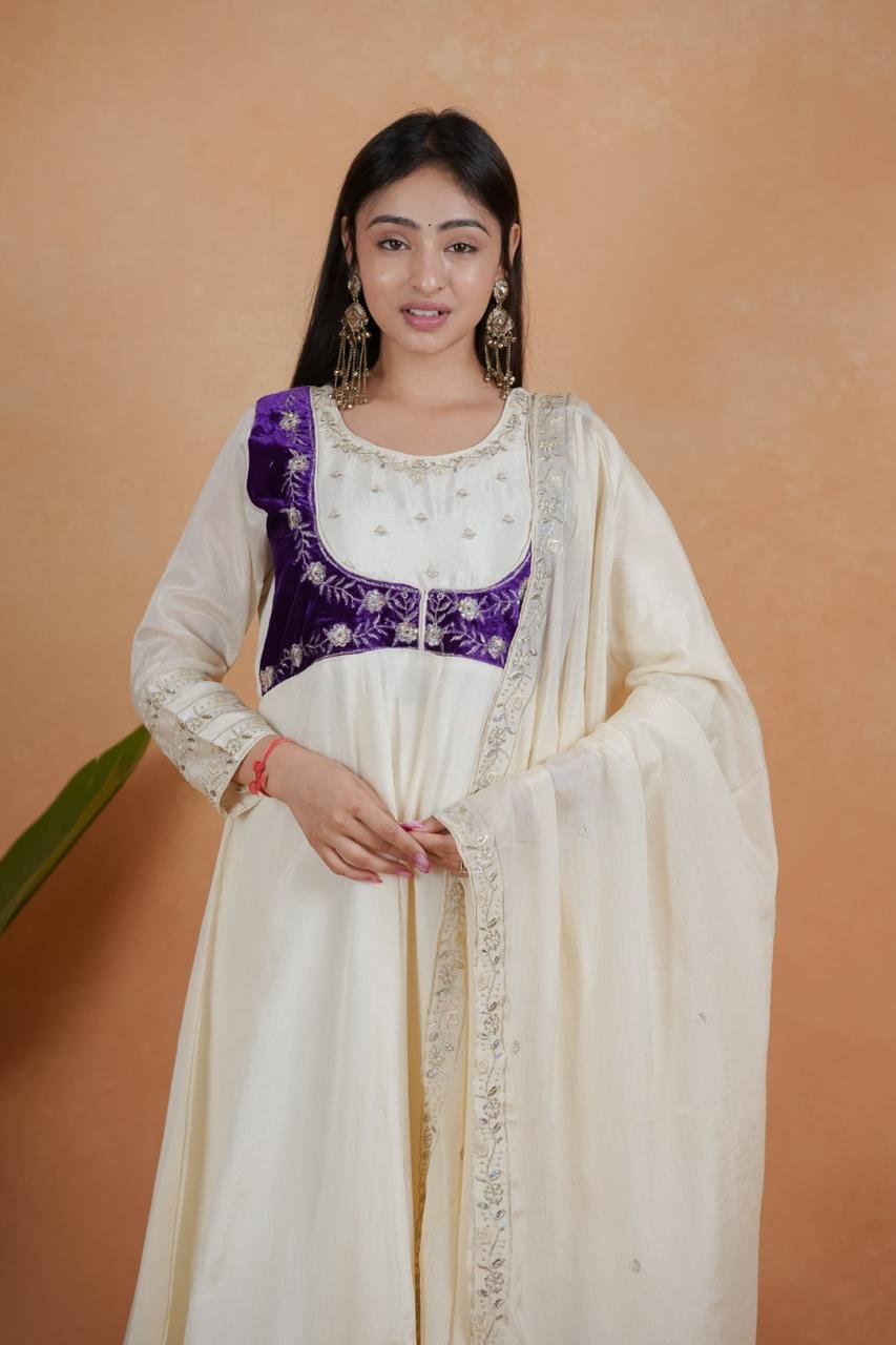 Exquisite Royal White & Purple Chinon Embroidery Suit Set