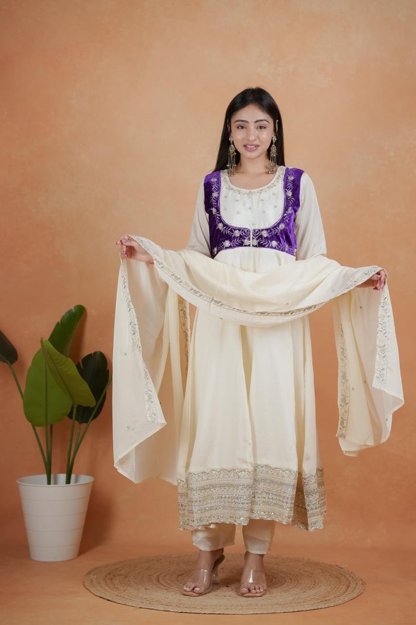 Exquisite Royal White & Purple Chinon Embroidery Suit Set - Image 7