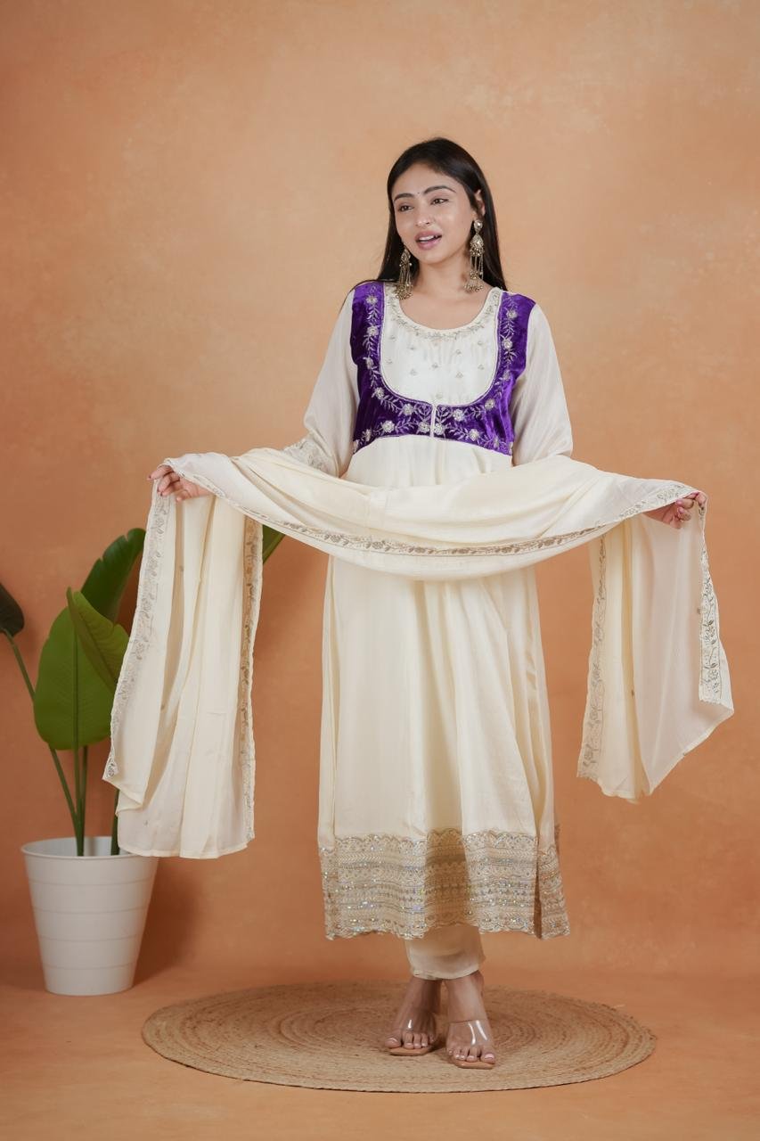 Exquisite Royal White & Purple Chinon Embroidery Suit Set - Image 8