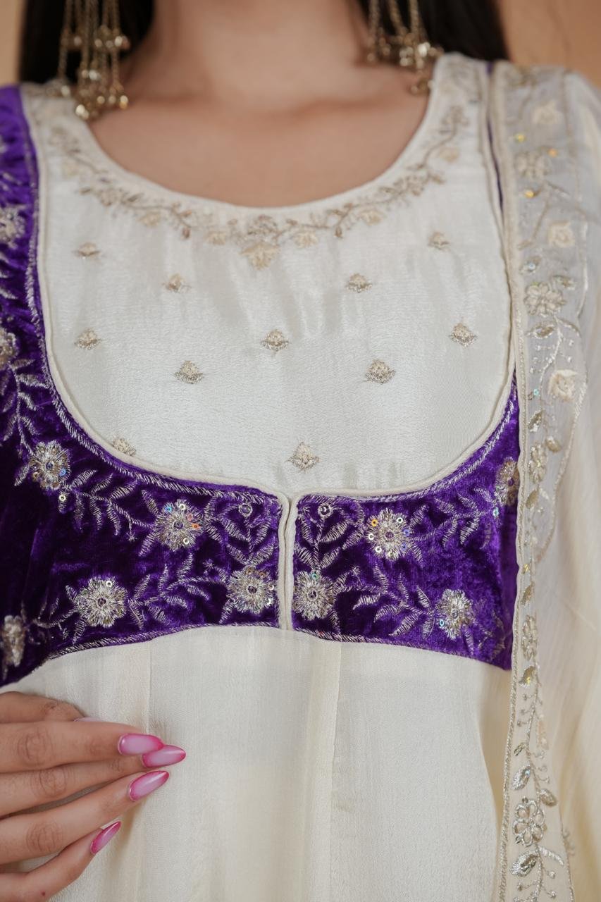 Exquisite Royal White & Purple Chinon Embroidery Suit Set - Image 9