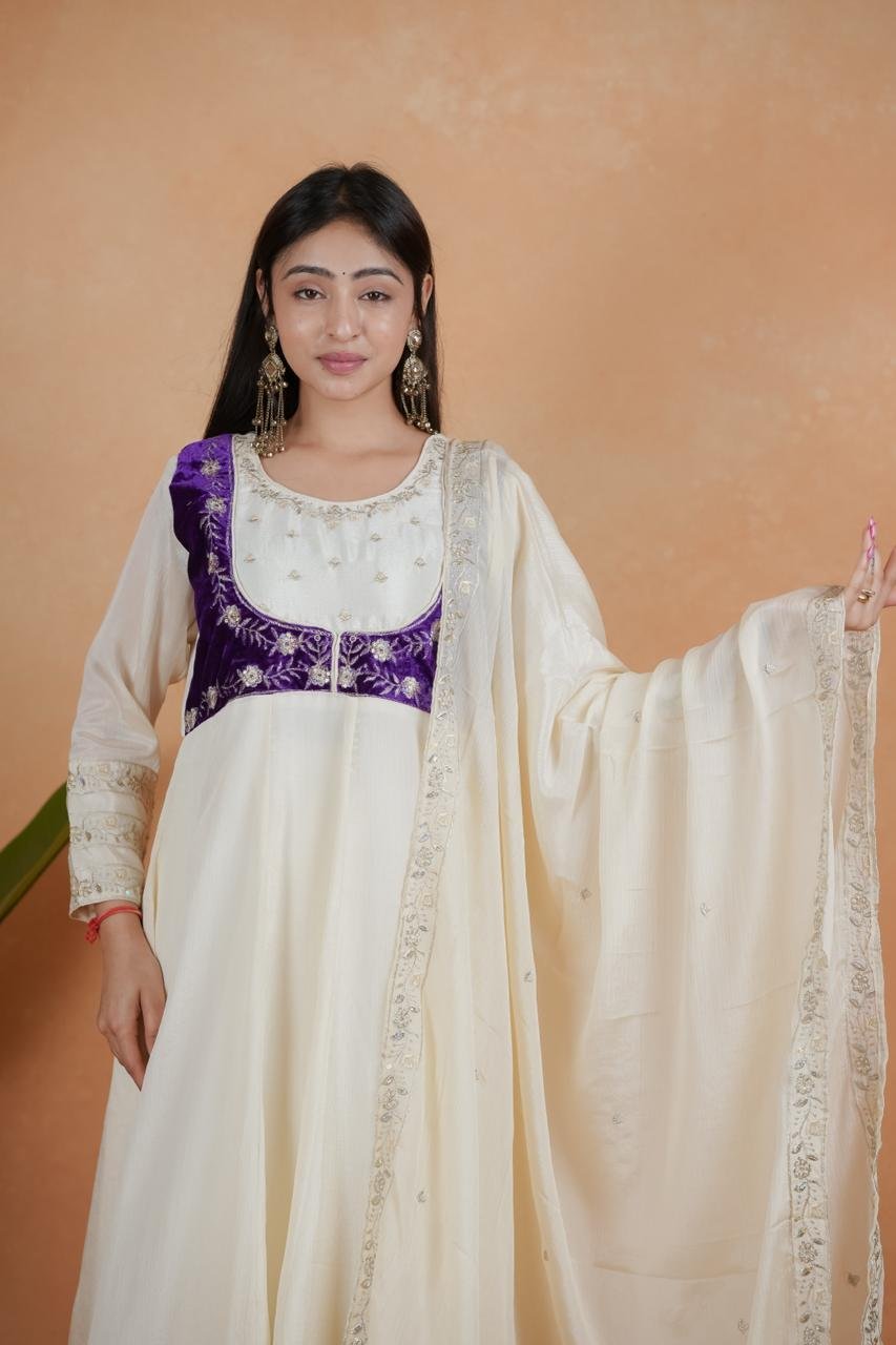 Exquisite Royal White & Purple Chinon Embroidery Suit Set - Image 10