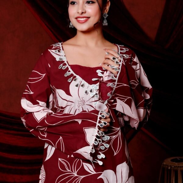 Exquisite Maroon Floral Hand-Block Print Coord Set with Mirror Work