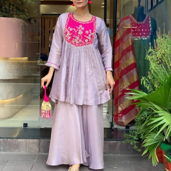 Graceful Lavender & Rani Pink Hand-Embroidered Chanderi Set