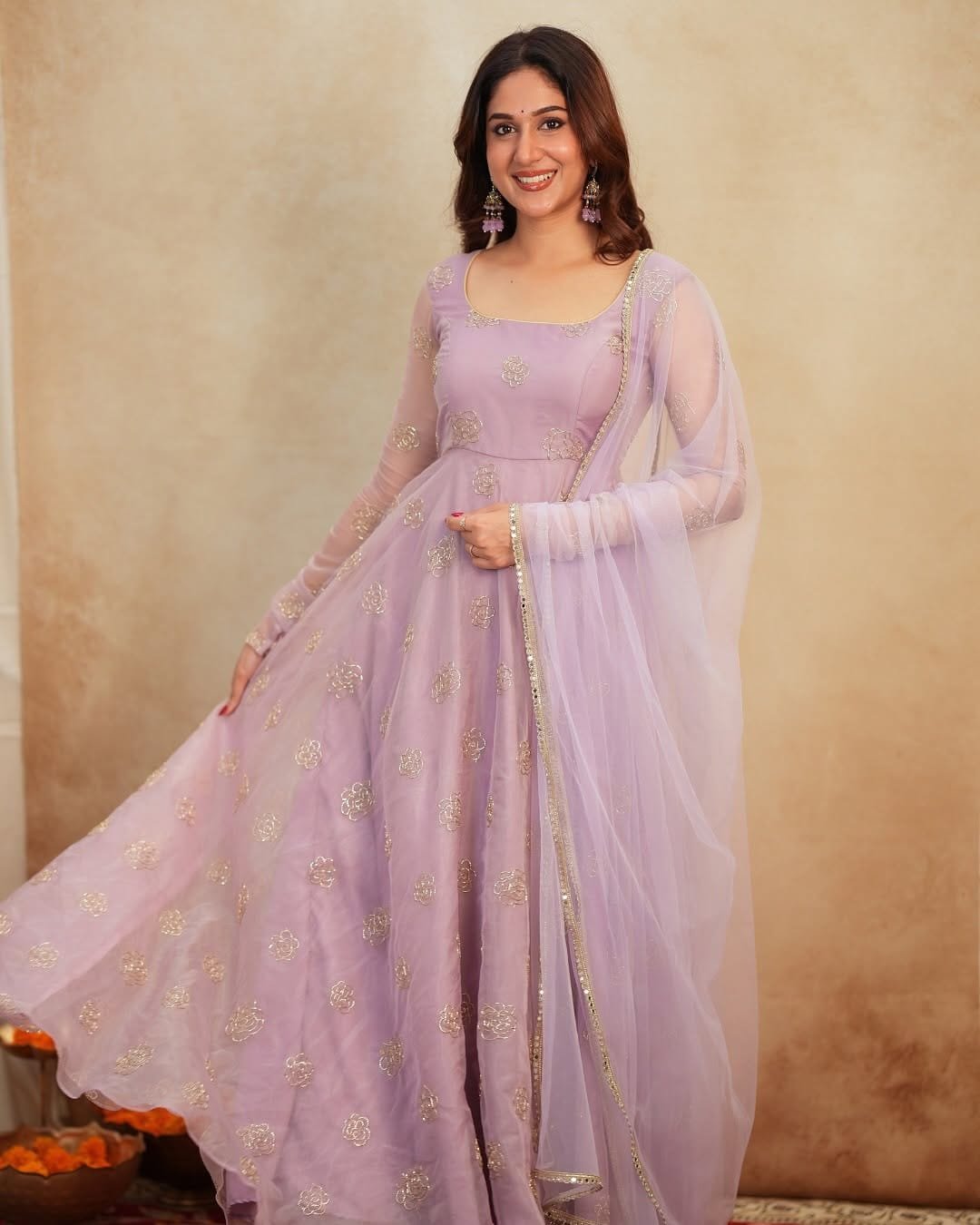 Dreamy Lilac Lavender Rangoli Silk Anarkali Set with Shimmering Bead Work - Image 2
