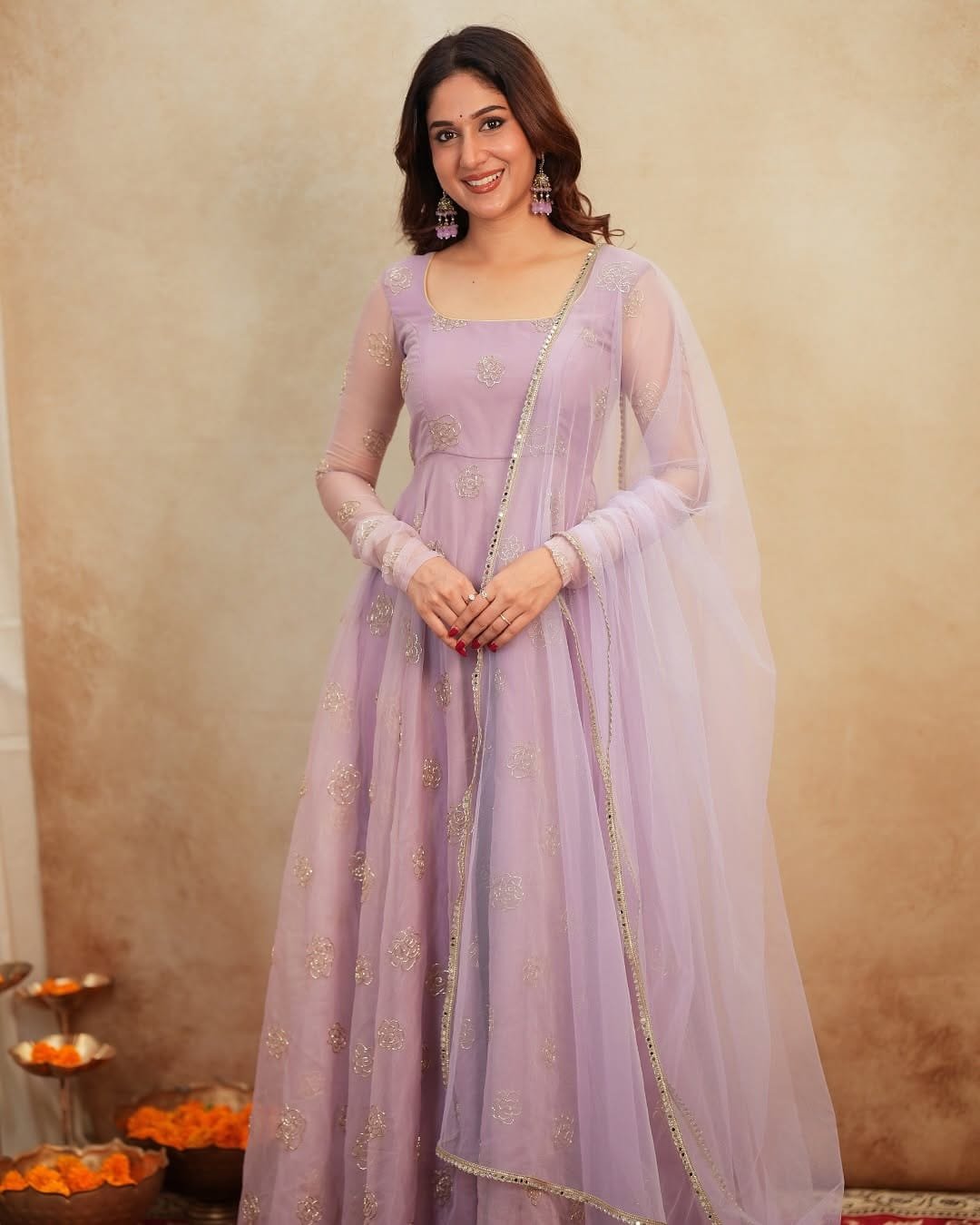 Dreamy Lilac Lavender Rangoli Silk Anarkali Set with Shimmering Bead Work - Image 3