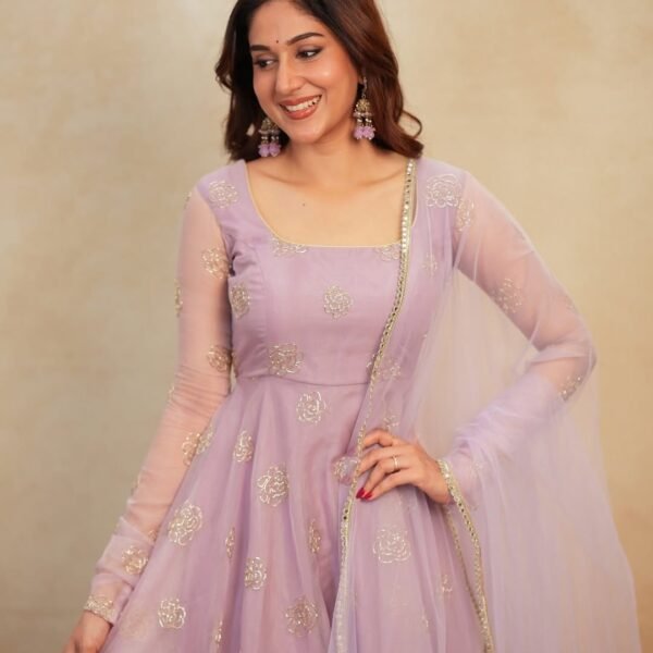 Dreamy Lilac Lavender Rangoli Silk Anarkali Set with Shimmering Bead Work