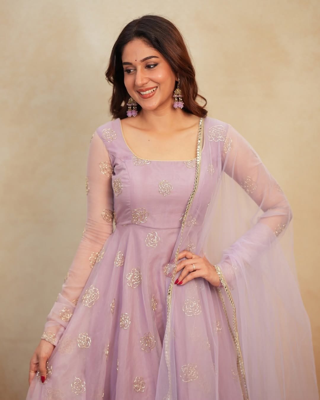 Dreamy Lilac Lavender Rangoli Silk Anarkali Set with Shimmering Bead Work
