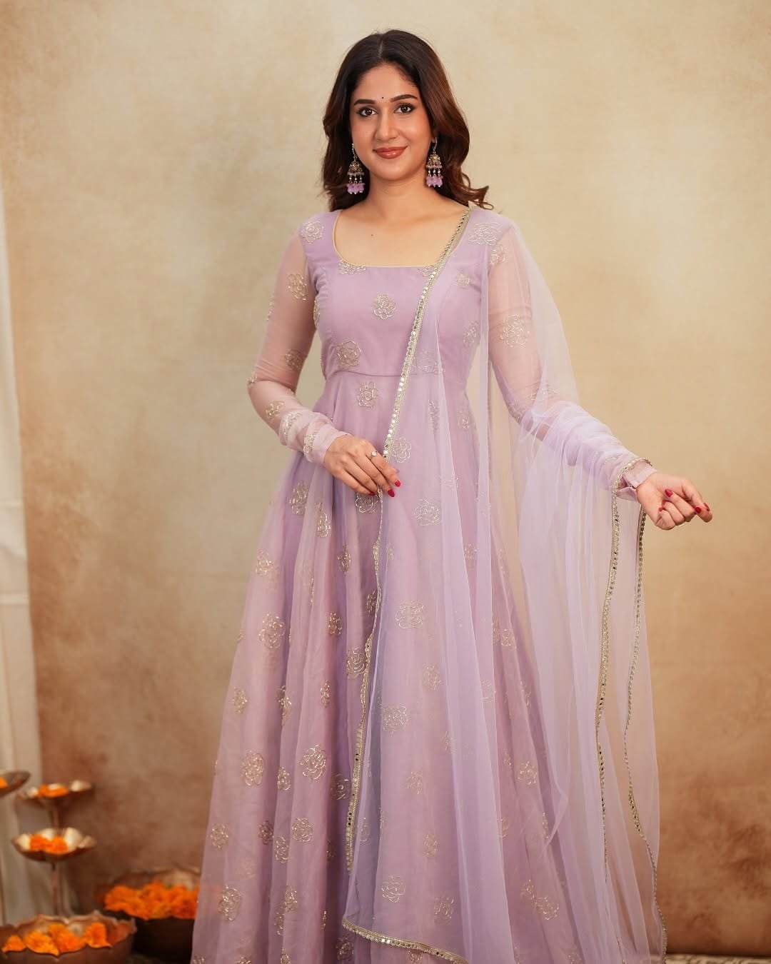 Dreamy Lilac Lavender Rangoli Silk Anarkali Set with Shimmering Bead Work - Image 4