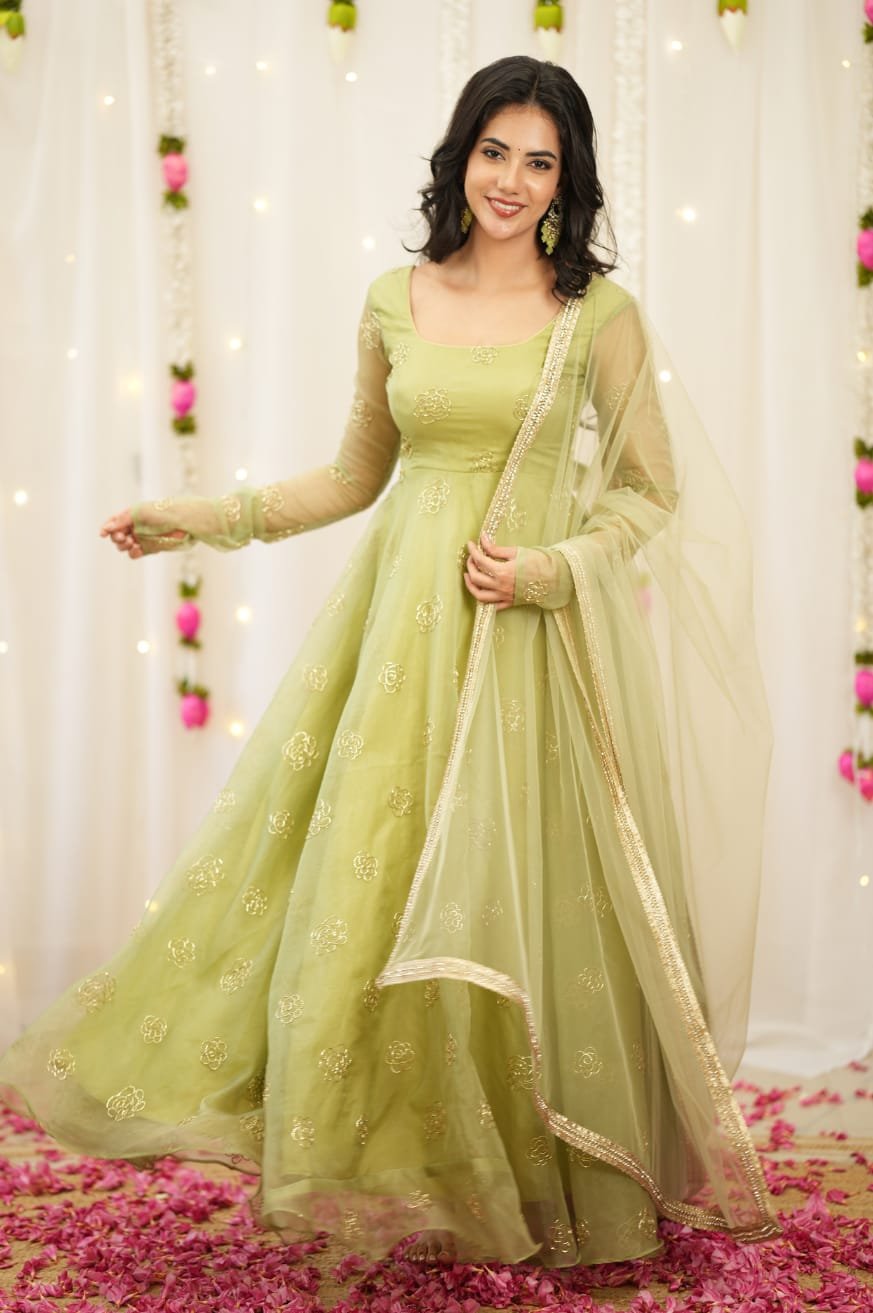 Radiant Pista Green Rangoli Silk Anarkali Gown with Gold Bead Work - Image 2