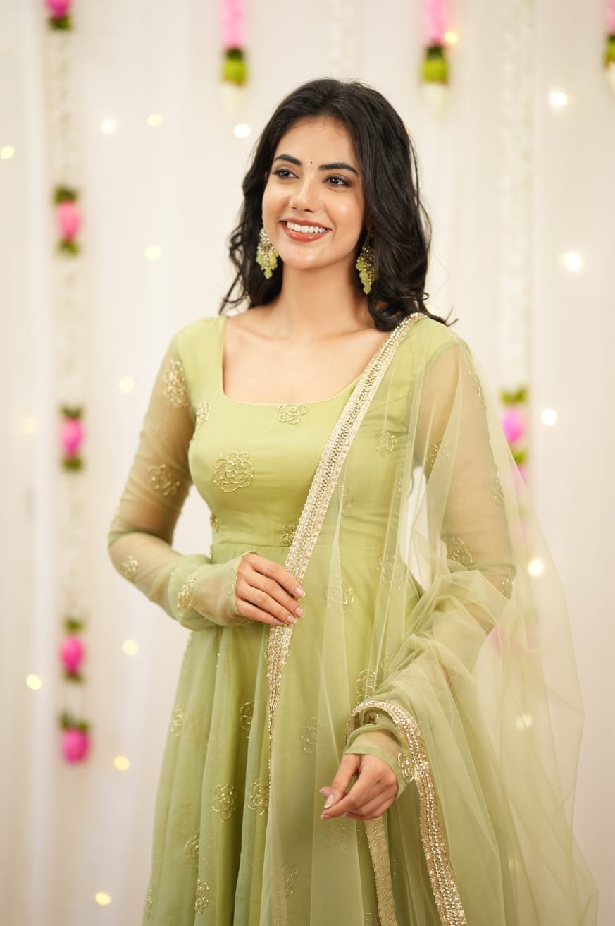 Radiant Pista Green Rangoli Silk Anarkali Gown with Gold Bead Work - Image 3