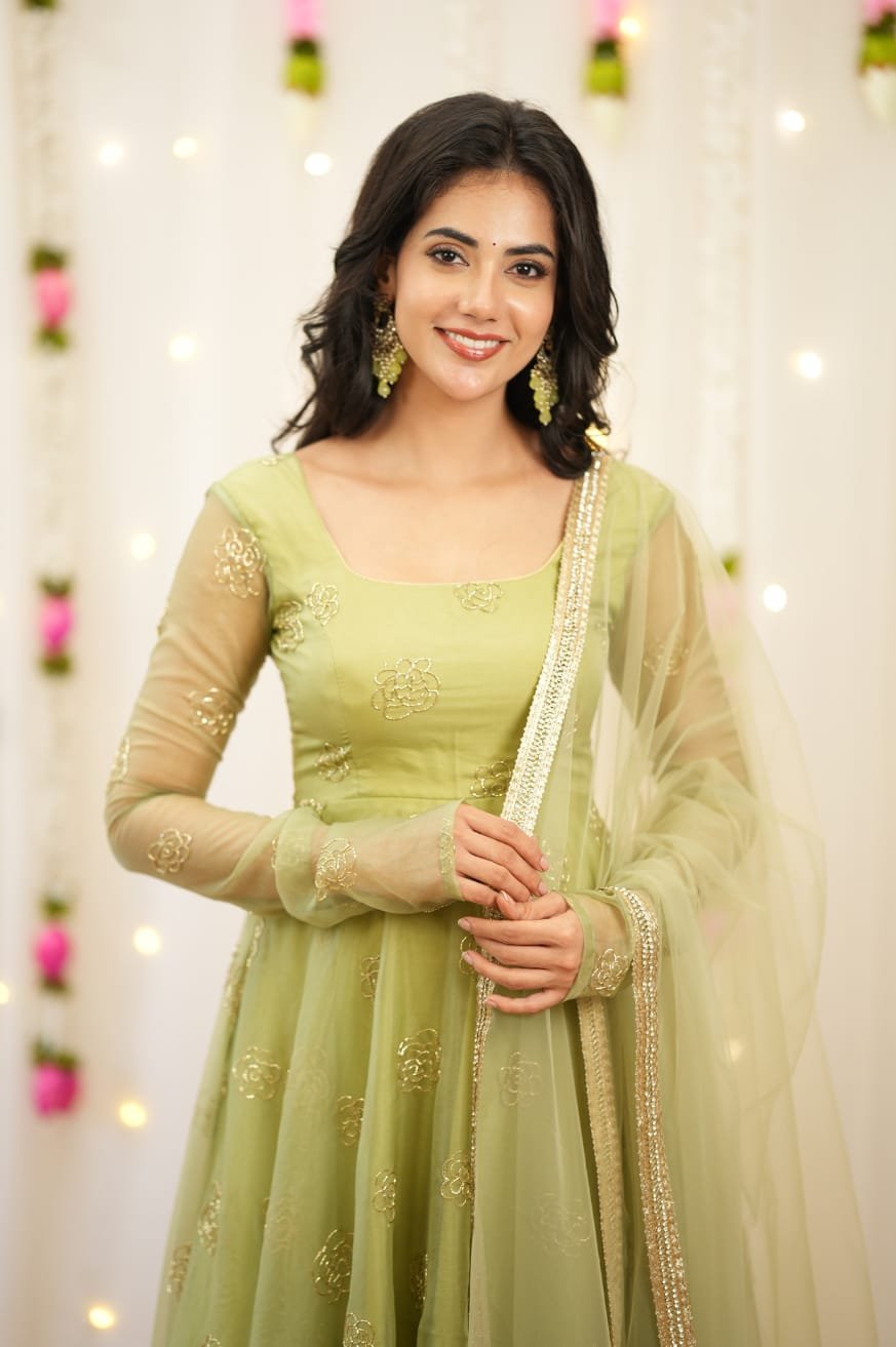 Radiant Pista Green Rangoli Silk Anarkali Gown with Gold Bead Work - Image 4