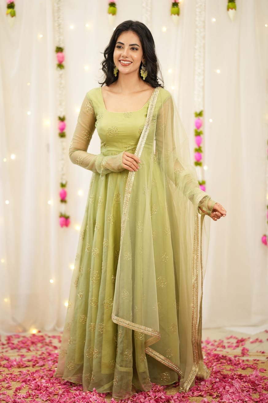 Radiant Pista Green Rangoli Silk Anarkali Gown with Gold Bead Work - Image 5