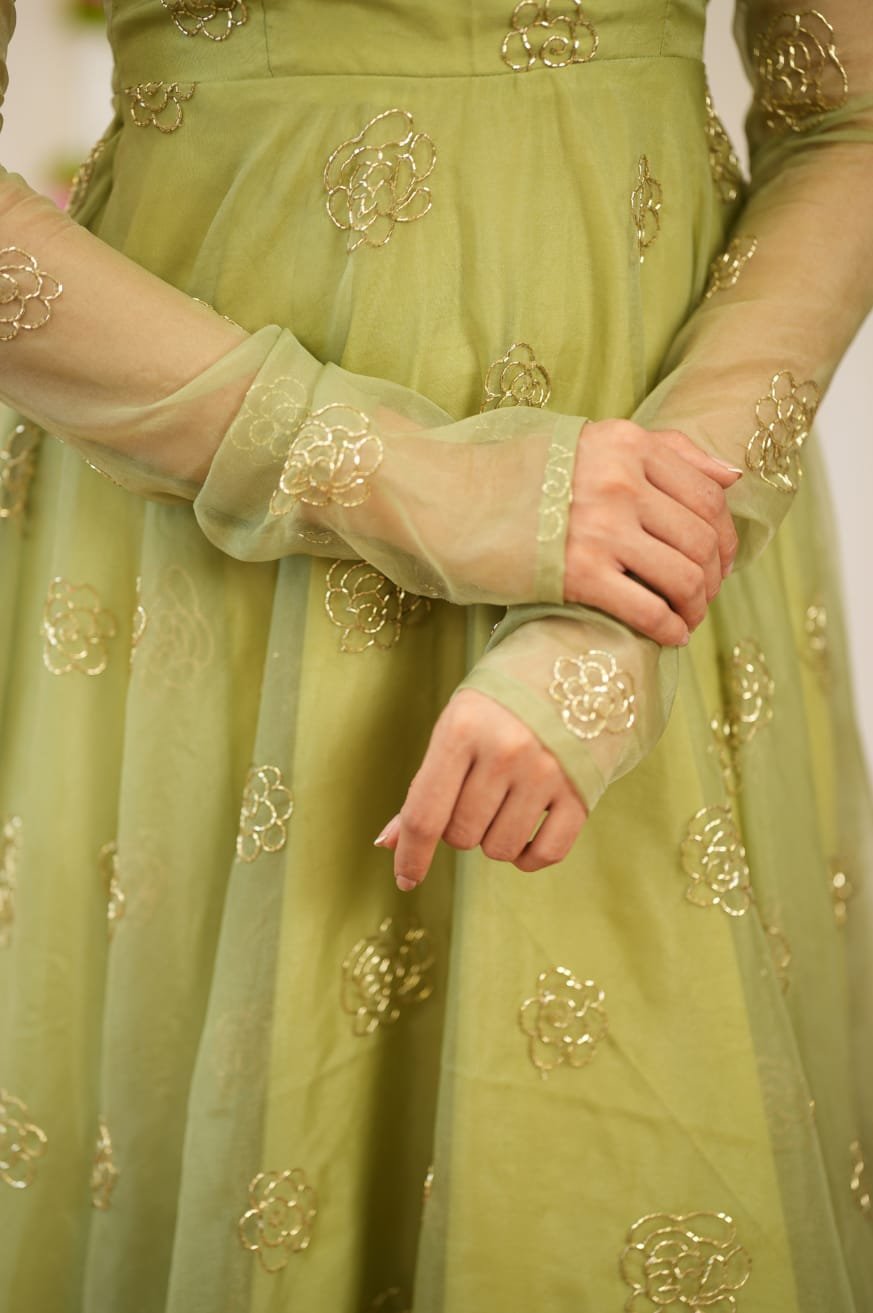 Radiant Pista Green Rangoli Silk Anarkali Gown with Gold Bead Work - Image 7