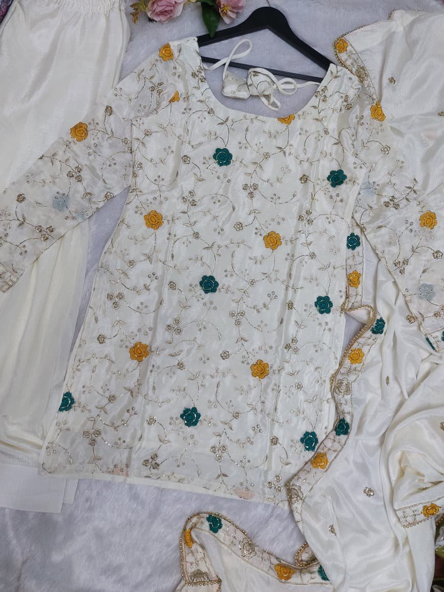 Divine Cream Pure Chinon Hand-Embroidered Sharara Set - Image 2