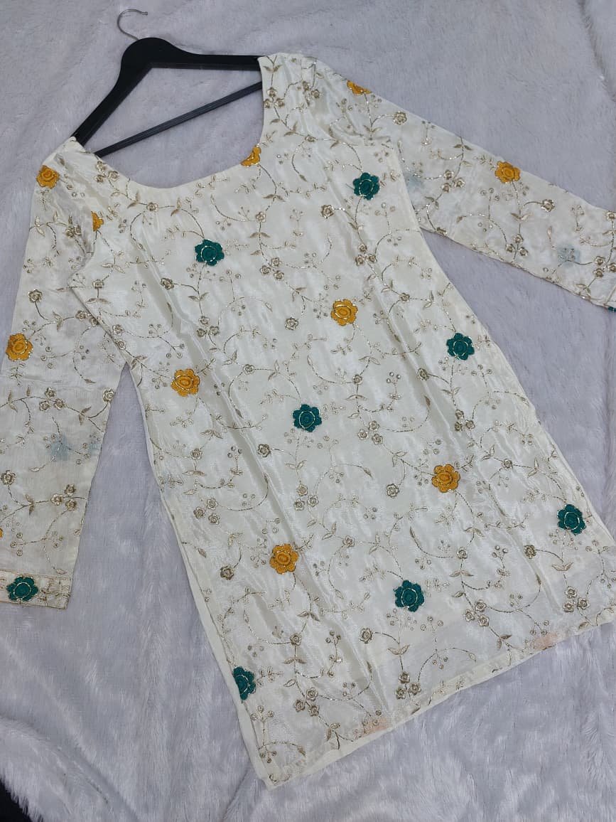 Divine Cream Pure Chinon Hand-Embroidered Sharara Set - Image 3