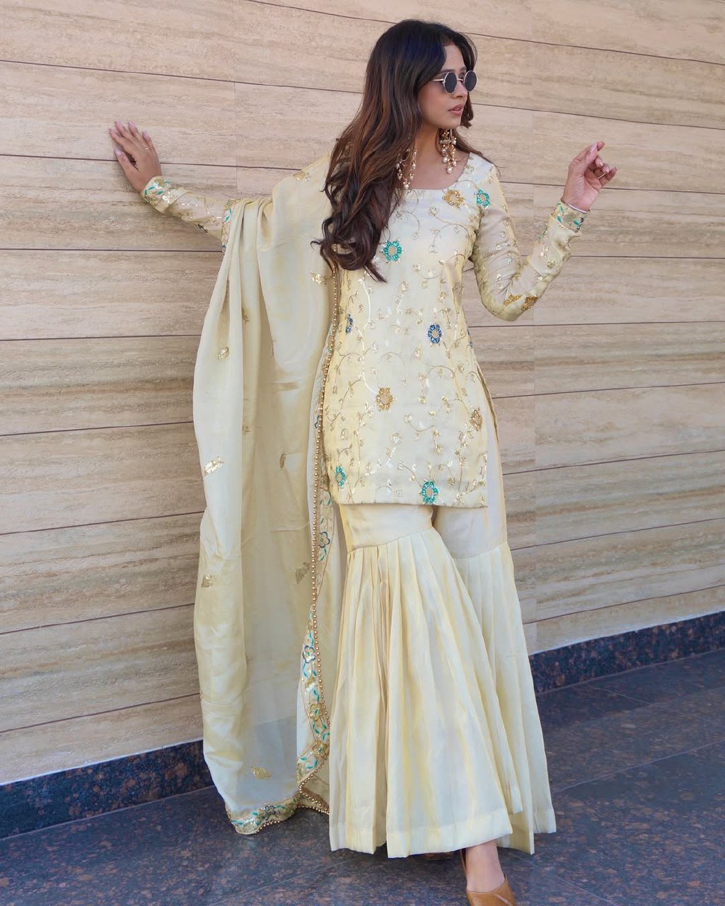 Divine Cream Pure Chinon Hand-Embroidered Sharara Set - Image 4