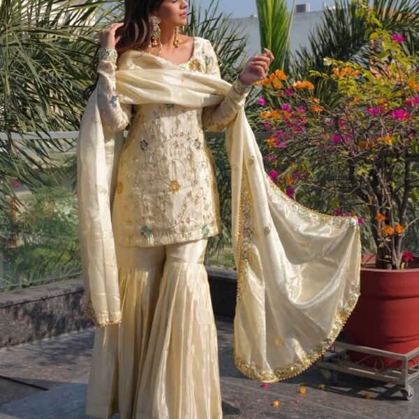 Divine Cream Pure Chinon Hand-Embroidered Sharara Set