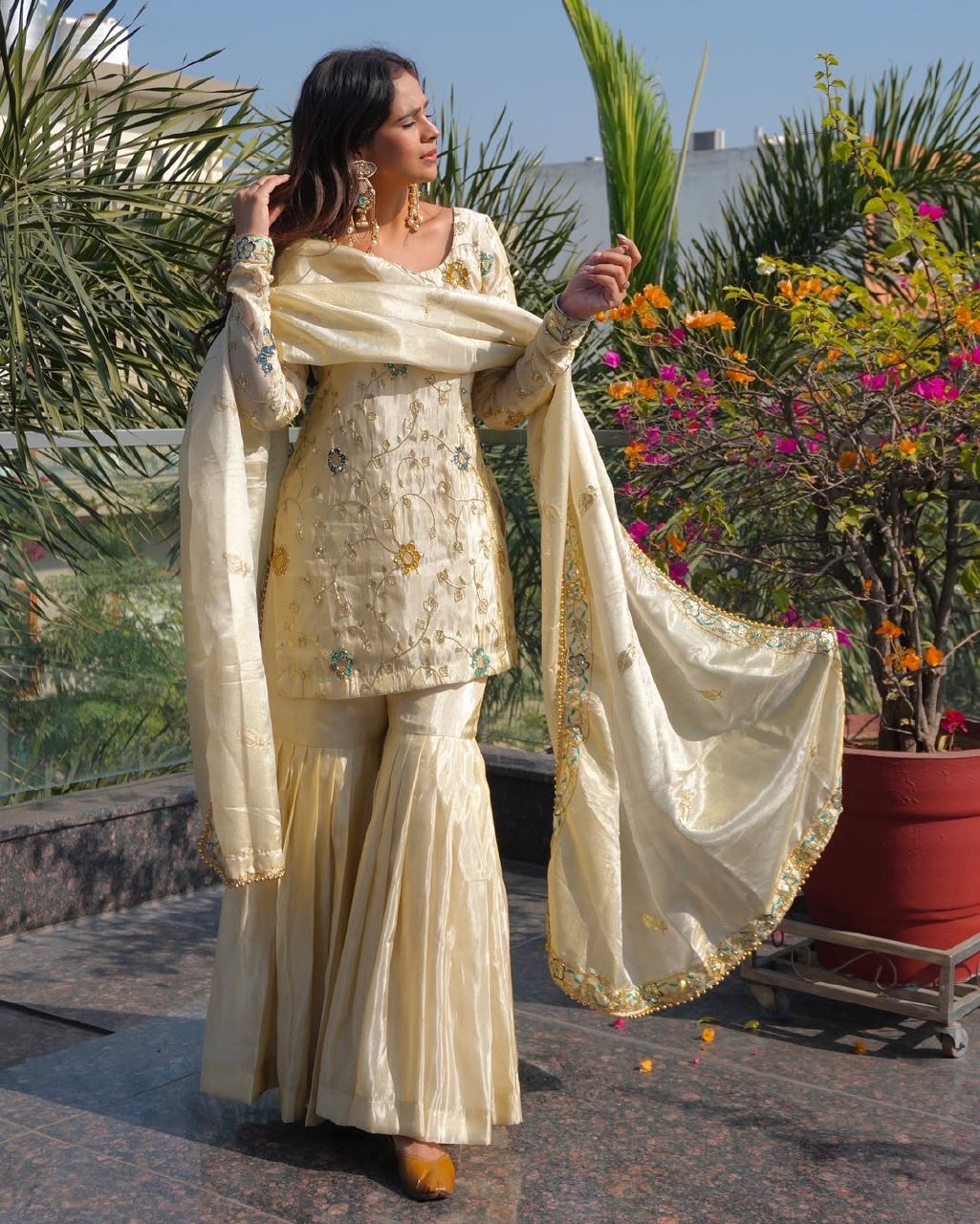 Divine Cream Pure Chinon Hand-Embroidered Sharara Set