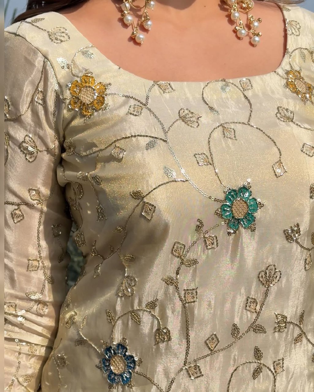 Divine Cream Pure Chinon Hand-Embroidered Sharara Set - Image 5