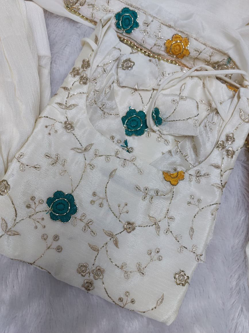 Divine Cream Pure Chinon Hand-Embroidered Sharara Set - Image 6