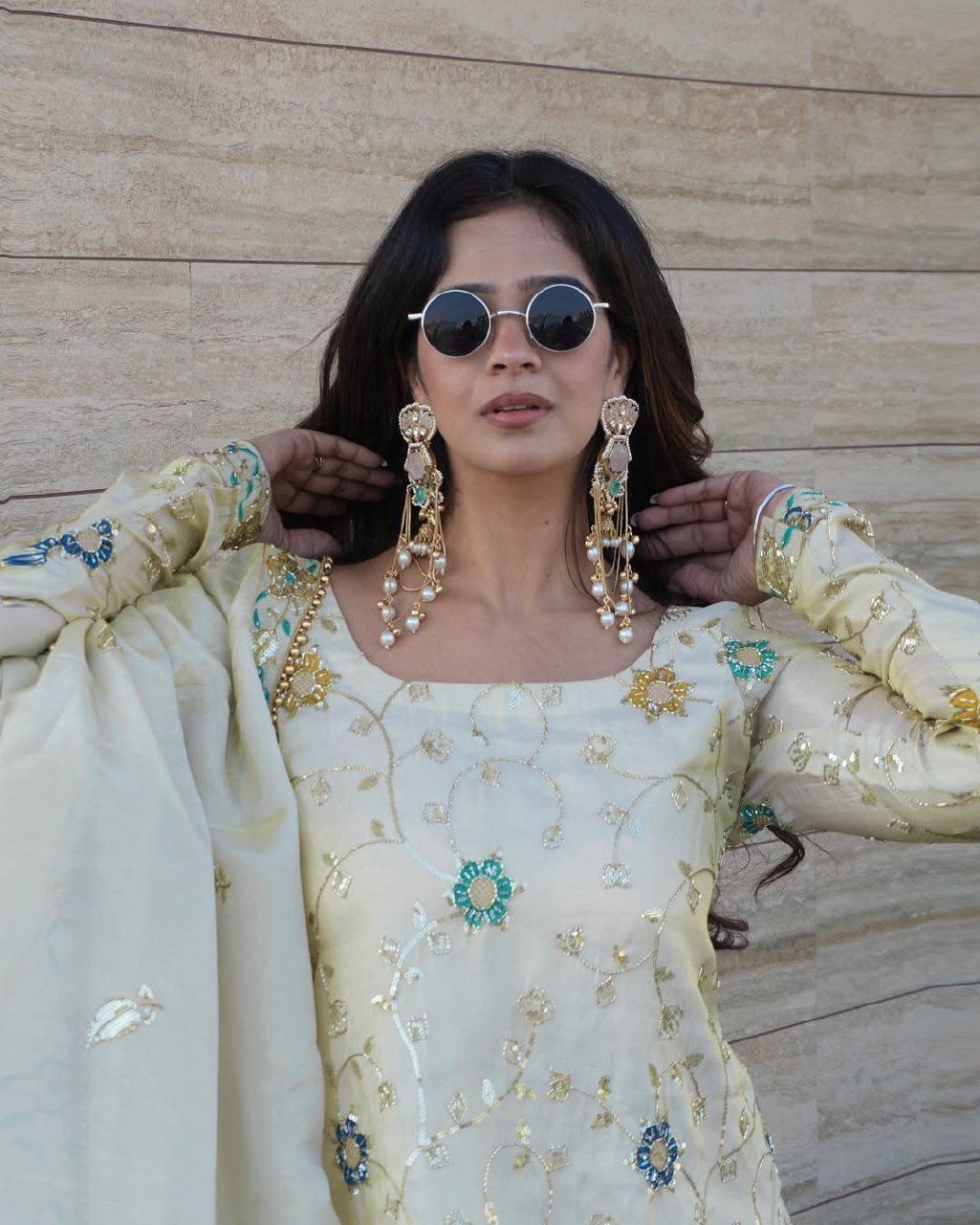 Divine Cream Pure Chinon Hand-Embroidered Sharara Set - Image 7