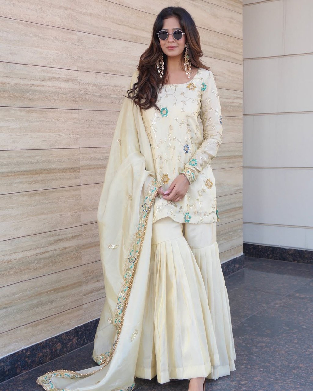 Divine Cream Pure Chinon Hand-Embroidered Sharara Set - Image 8