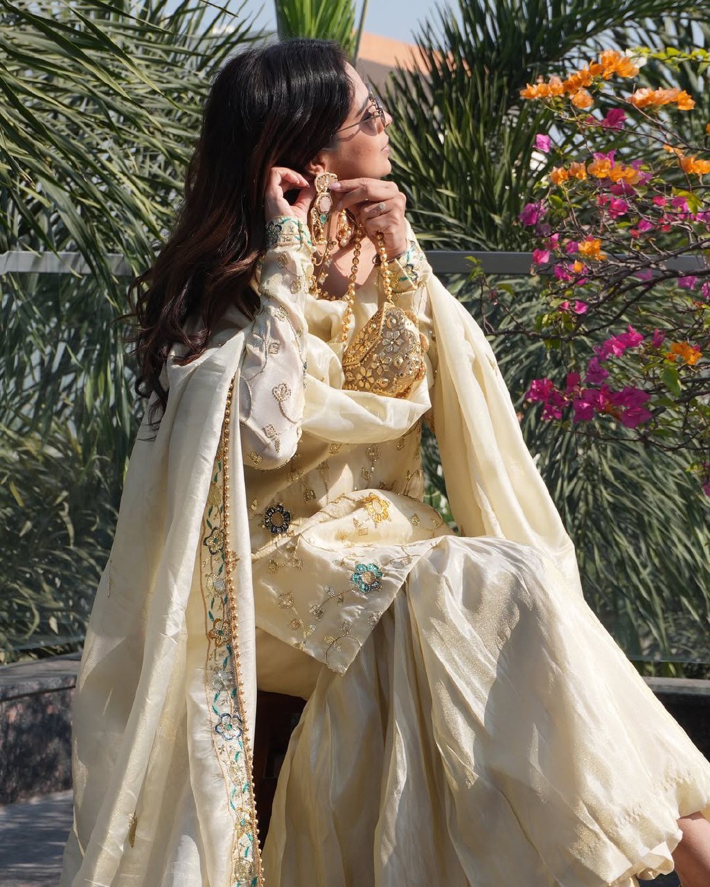 Divine Cream Pure Chinon Hand-Embroidered Sharara Set - Image 9