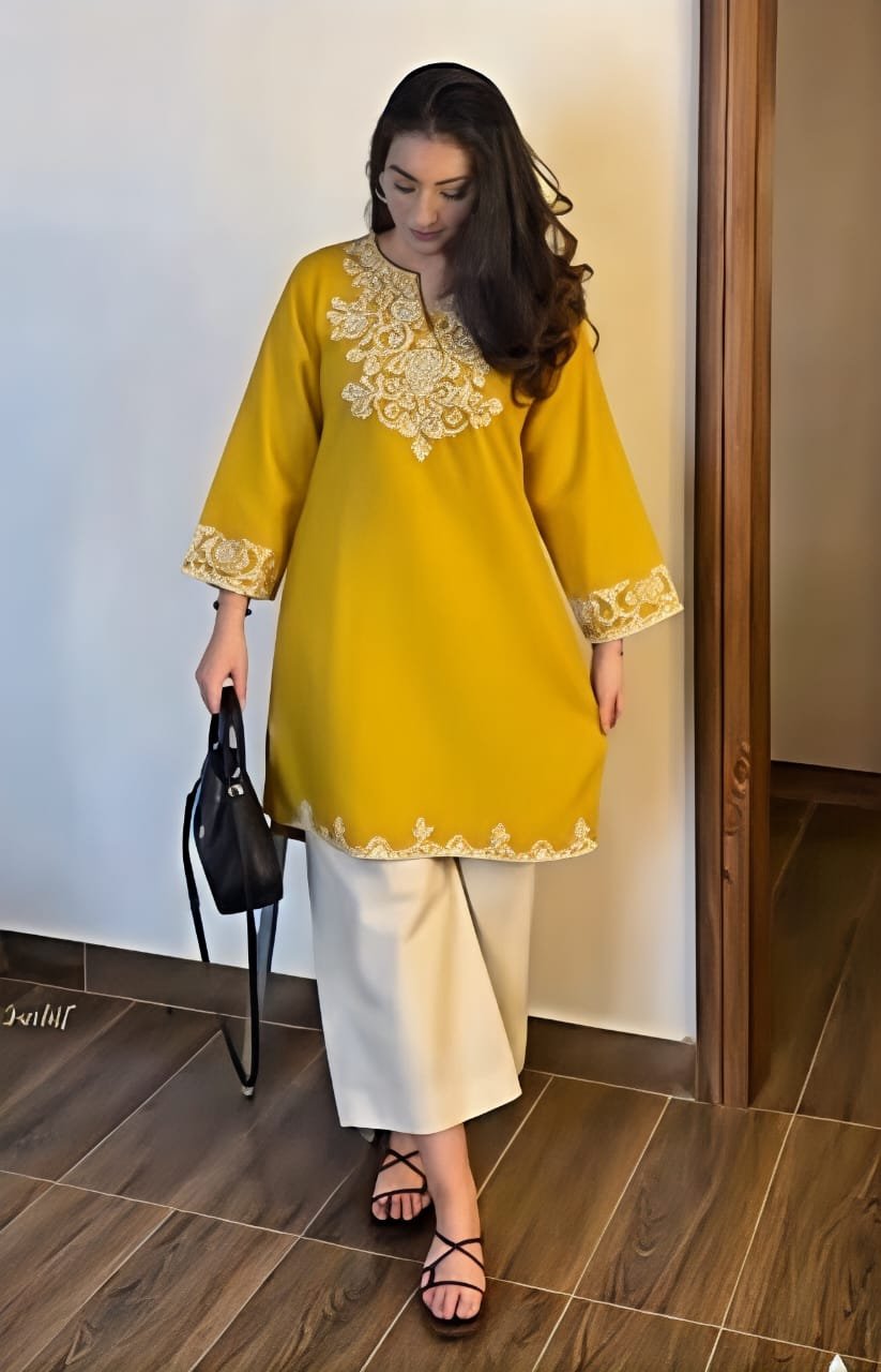 Elegant Mustard Yellow Cotton Embroidered Co-ord Set - Image 4