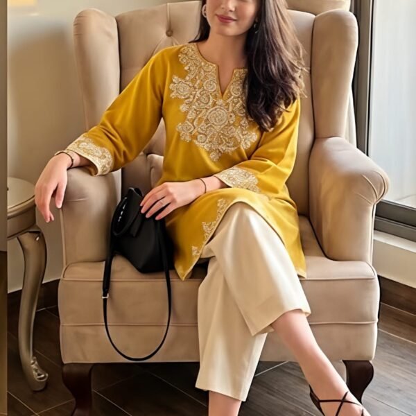 Elegant Mustard Yellow Cotton Embroidered Co-ord Set