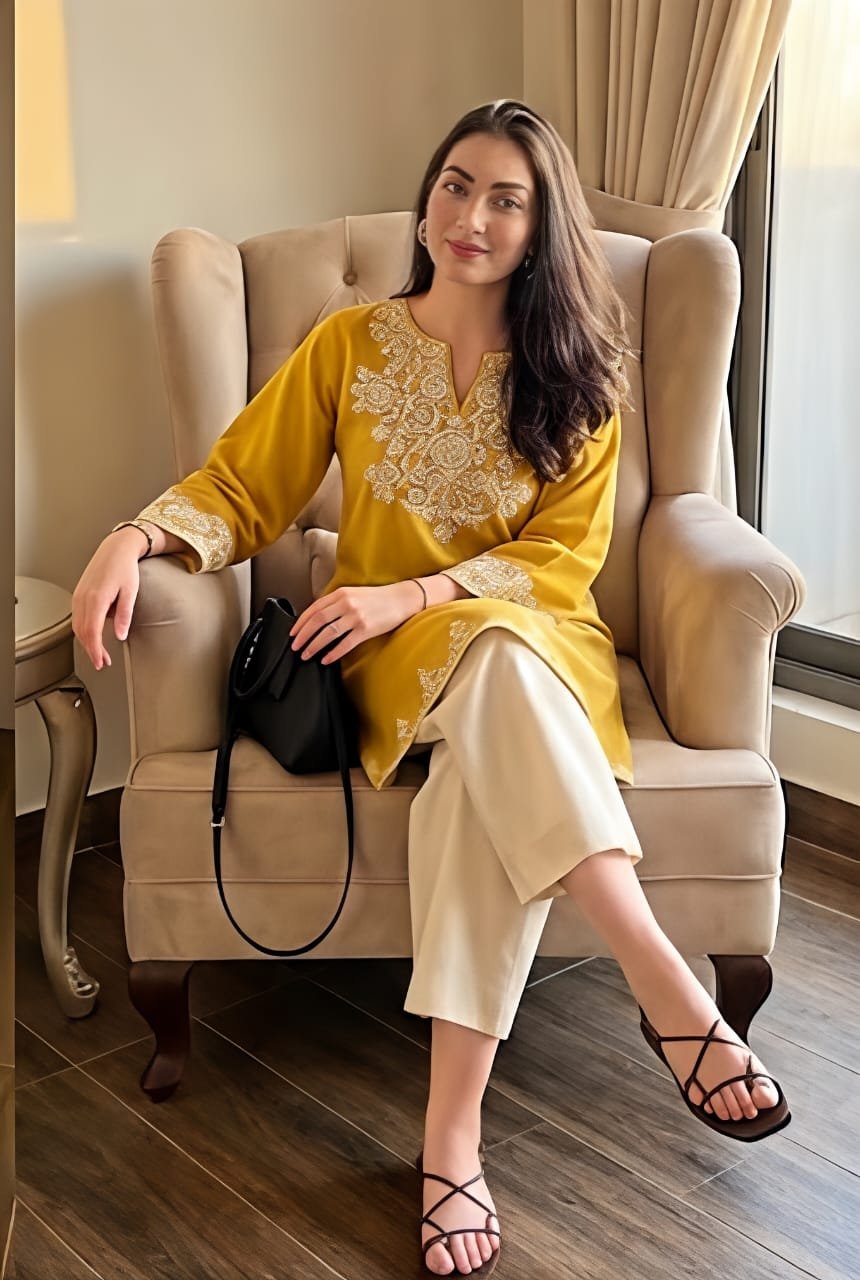 Elegant Mustard Yellow Cotton Embroidered Co-ord Set