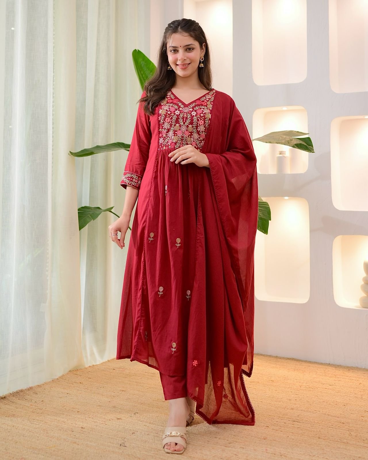 Regal Maroon Pure Cotton Embroidered Anarkali Suit Set - Image 2