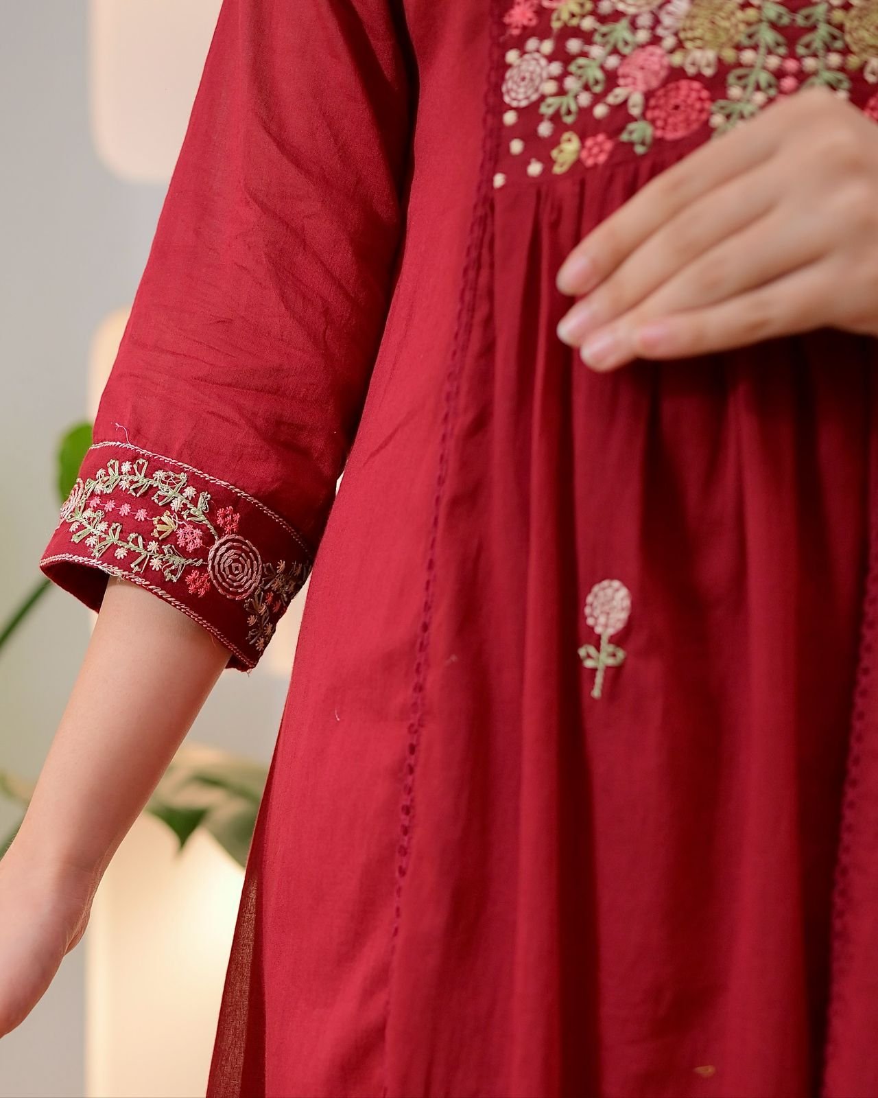 Regal Maroon Pure Cotton Embroidered Anarkali Suit Set - Image 3
