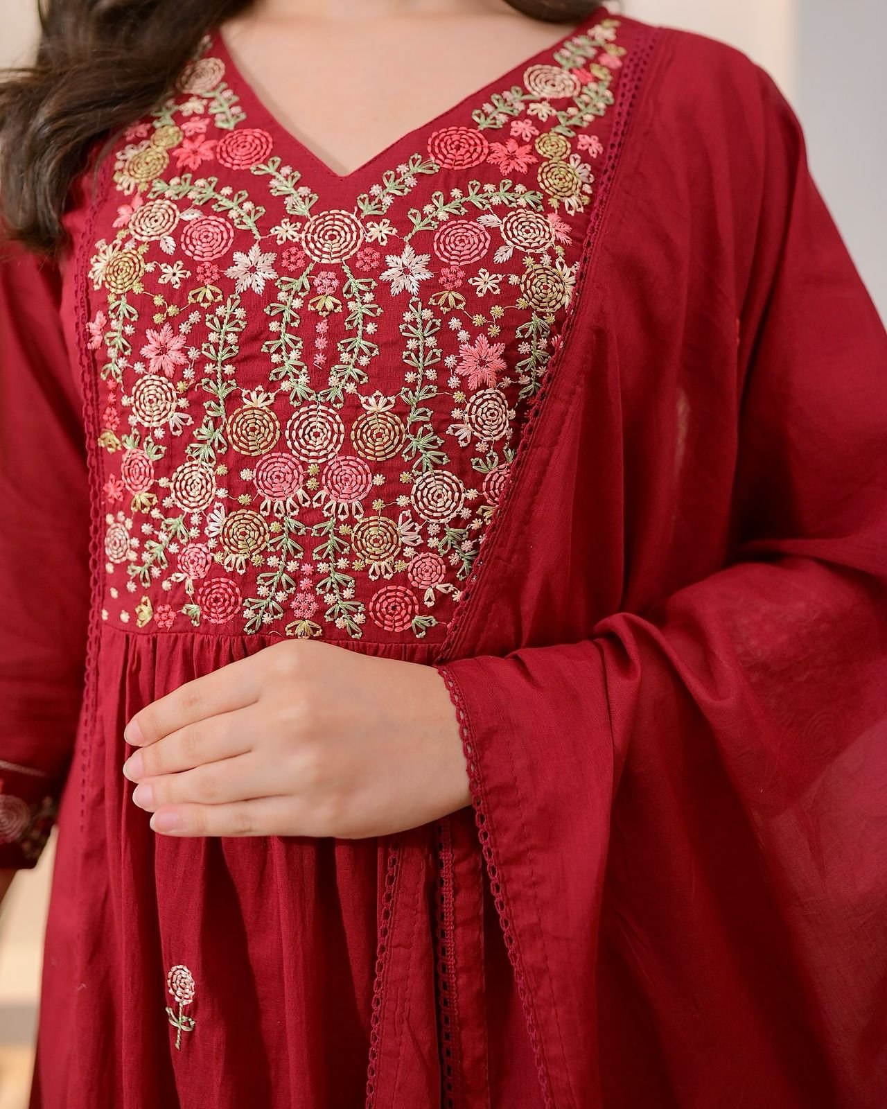 Regal Maroon Pure Cotton Embroidered Anarkali Suit Set - Image 4