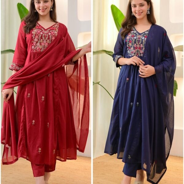 Regal Maroon Pure Cotton Embroidered Anarkali Suit Set
