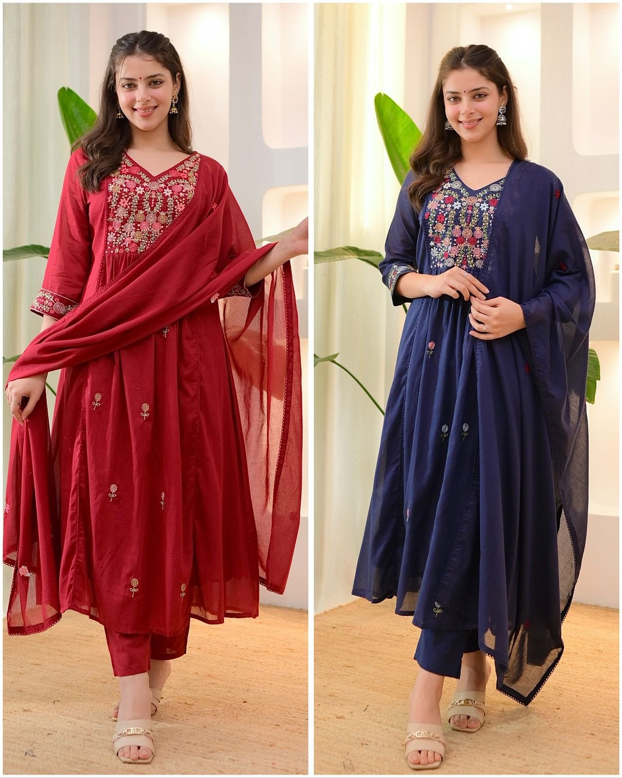 Regal Maroon Pure Cotton Embroidered Anarkali Suit Set