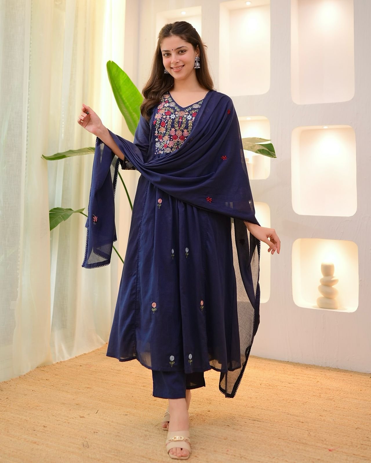 Regal Maroon Pure Cotton Embroidered Anarkali Suit Set - Image 5