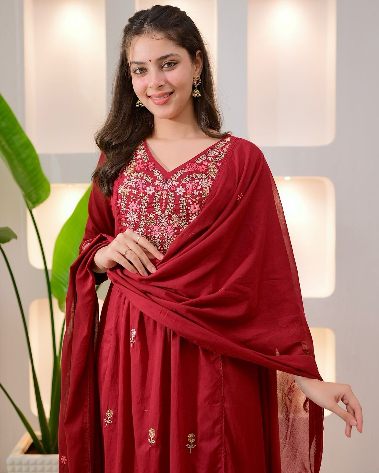 Regal Maroon Pure Cotton Embroidered Anarkali Suit Set - Image 6