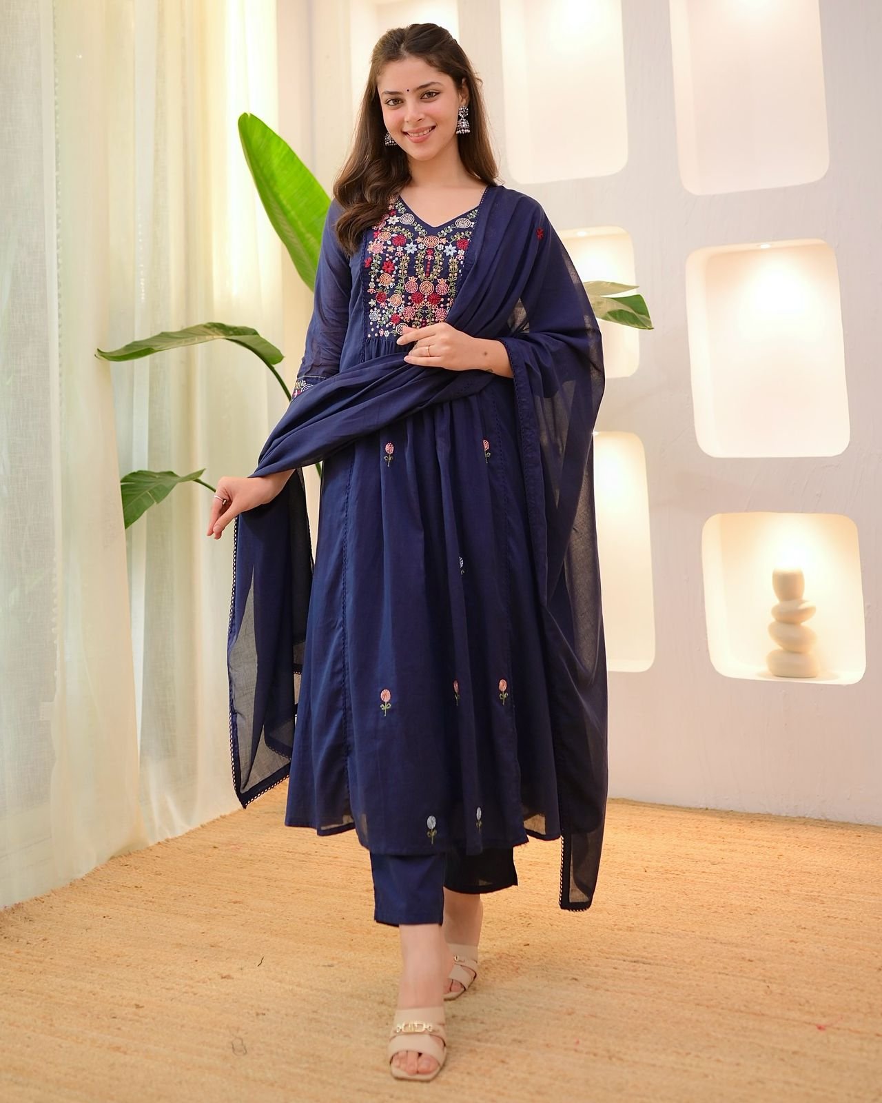 Regal Maroon Pure Cotton Embroidered Anarkali Suit Set - Image 7